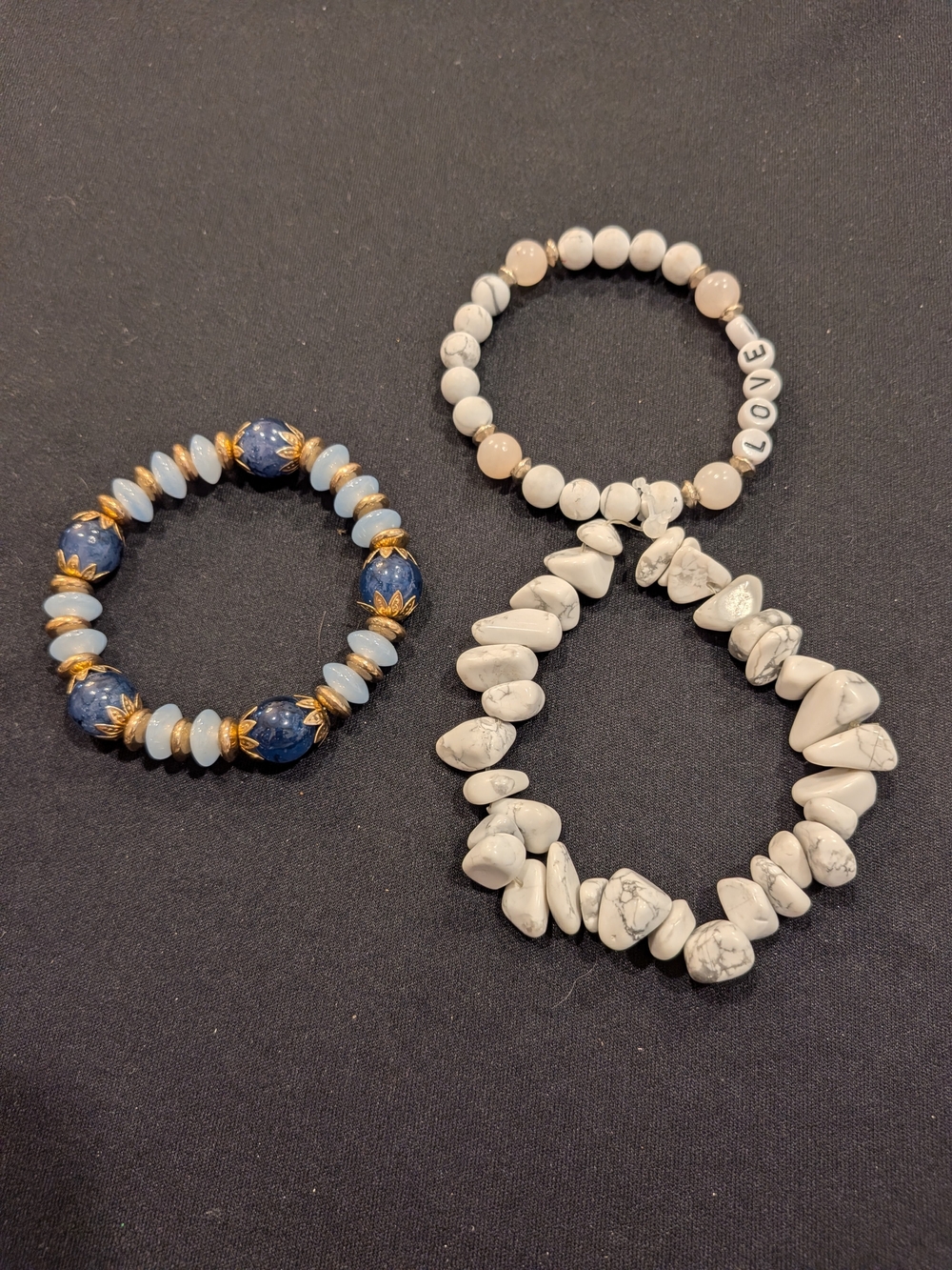 Beaded Stretch Bracelet Trio - White, Blue, and Cream Stack. 2 White Howlite